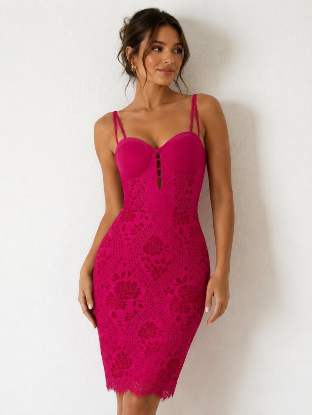 Bebe Pink Dress Lace Midi Bustier Party Cocktail Club XS